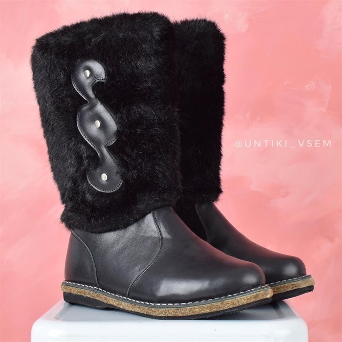 Унты женские на войлочной подошве.Кожа. Черная "норка". Молния Высокие (ЖВ3-01) ЖВ3-01