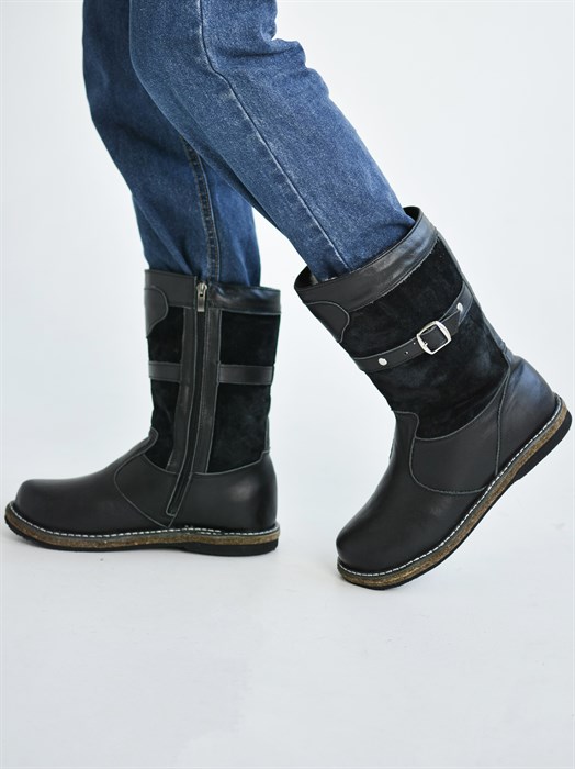 Сапоги подростковые на войлоке черные, кожа, замша, молния(ПВ3-01) MR30SAPOGI413.01ZAMOK